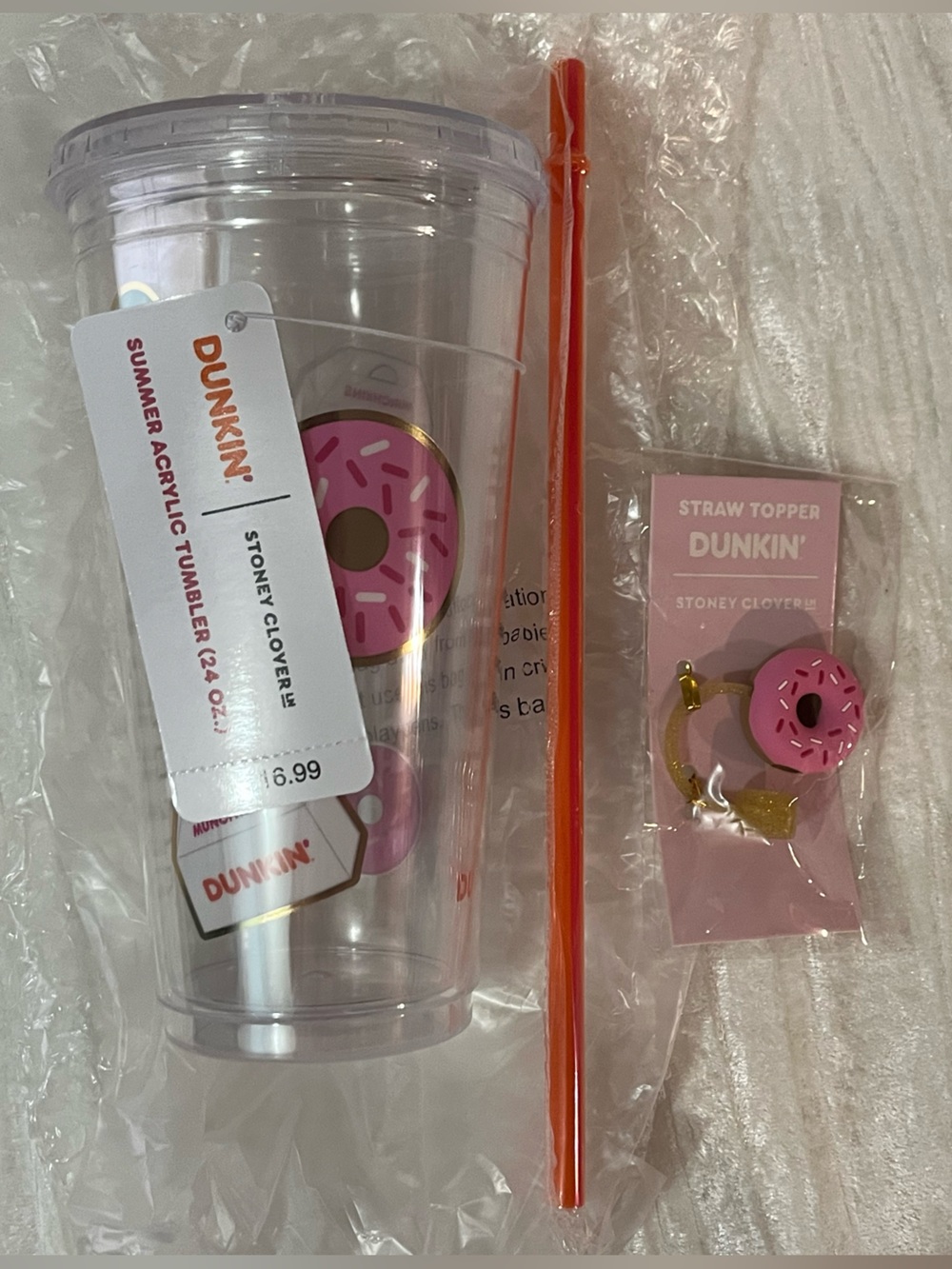 NWT Stoney Clover Lane x Dunkin Acrylic Tumbler and Donut Straw Topper